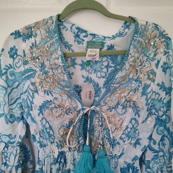Antica Sartoria Boho Beach Dress Coverup Blue and White Floral Gold Sequins NWT - Picture 2 of 10
